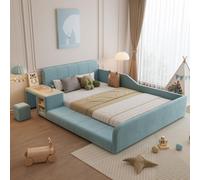 Sweiko Lit rembourré, Lit simple avec bureau pour enfant et tabouret, Avec tablette, Tête de lit douce, Lit d'enfant avec lattes en bois, Velours, Bleu, 140x200cm