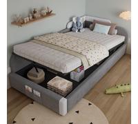 Sweiko Lit rembourré, Lit simple, Lit d'enfant, Lit hydraulique avec espace de rangement, Clôture souple surélevée, Sac de rangement au pied du lit, Panneau latéral gauche, Velours+Plissière, Gris, 90