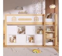 Sweiko Lit Semi-Haut 90x200cm avec Tableau Noir, Lit Mezzanine en Pin avec Échelle Sécurisée et Étagères de Rangement pour Chambre