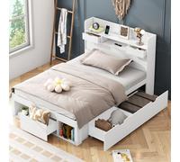 Sweiko Lit simple, 90x200cm, Avec port USB & tiroirs & armoire de rangement, Lit d'enfant, Lit de jeune, Lit multifonctionnel, Grand espace de rangement, sans matelas, blanc