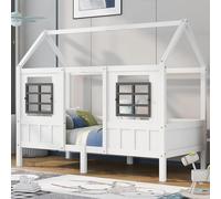 Sweiko Lit Simple, 90x200cm Lit en Bois avec 2 Fenêtres, Lit Cabane avec Sommier à Lattes, Cadre en Pin, MDF, pour Fille et Garçon, Blanc(sans Matelas) (90x200CM(sans tiroir))
