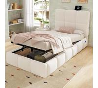 Sweiko Lit Simple rembourré 90 x 200 cm, lit Multifonctionnel à réglage hydraulique, lit avec sommier à Lattes, Grand Espace de Rangement et Prise USB (Beige + Velvet)