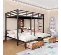 Sweiko lit superposé, 140 x 200 cm +90 x 200 cm, 3 lits, avec barrières latérales, avec compartiments de rangement, 2 tiroirs, étagères, sans matelas, noir