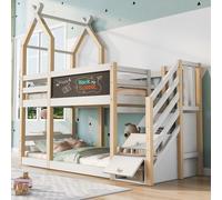 Sweiko Lit superposé 90×200, Lit d'enfant design cabane dans les arbres avec tableau, avec stockage et protection contre les chutes, lit surélevé pour enfants - 2x sommier à lattes - Nature & Blanc(Sa