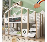 Sweiko Lit superposé 90 x 200 cm,Lit d'enfant cabane avec escalier, espace de rangement et protection contre les chutes, lit surélevé pour enfants- 2x sommier à lattes- Nature & Blanc