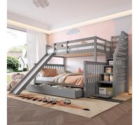 Sweiko Lit superposé, 90 x 200 sur 140 x 200 , Avec tiroirs, espace de rangement et toboggan, Multifonctionnel, Gris