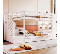 Sweiko Lit superposé 90x200 cm, escalier de sécurité avec compartiments de rangement, tiroirs de rangement et grands casiers, construction haute de la clôture, sommier à lattes, lit en pin, lit d'enfa
