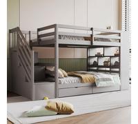 Sweiko Lit superposé 90x200 cm, escalier de sécurité avec compartiments de rangement, tiroirs de rangement et grands casiers, construction haute de la clôture, sommier à lattes, lit en pin, lit d'enfa