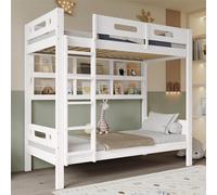 Sweiko Lit superposé 90x200cm, Lit d'enfant avec barrière de sécurité, Étagère ouverte, Échelle à cinq marches, Riche espace de rangement, Pin+MDF, Blanc,