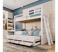 Sweiko Lit superposé 90x200cm, Lit d'enfant, Lit de maison pour filles et garçons, Cadre de lit en pin et MDF avec échelle et lit extensible et 3 tiroirs , Sans matelas, Blanc