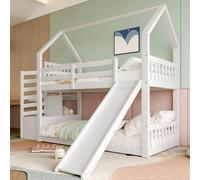 Sweiko Lit superposé avec escalier de rangement et toboggan, lit de maison (sans matelas), lit d'enfant avec rampe, adapté aux enfants, adolescents, 90x200cm, blanc
