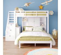 Sweiko Lit superposé avec étagère, 90x200cm+140x200cm,Lit d'enfant multifonctionnel, lit superposé pour enfant, avec escalier de rangement et table d'appoint mobile, grand espace de rangement,Blanc