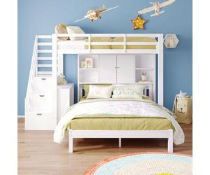 Sweiko Lit superposé avec étagère, 90x200cm+140x200cm,Lit d'enfant multifonctionnel, lit superposé pour enfant, avec escalier de rangement et table d'appoint mobile, grand espace de rangement,Blanc