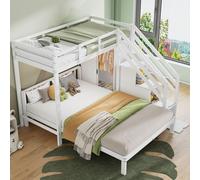 Sweiko Lit superposé avec garde-robe, 90x200cm+140x200cm,Lit d'enfant multifonctionnel, lit superposé pour enfant, avec escalier de rangement, grand espace de rangement,sans matelas, bois massif+MDF,B