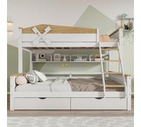 Sweiko Lit superposé avec moulin à vent, avec étagères, lit d'enfant, avec barrière anti-chute de couleur contrastée, avec échelle inclinée à quatre marches et tiroirs, pin+MDF, blanc+naturel, 90x200c