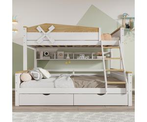 Sweiko Lit superposé avec moulin à vent, avec étagères, lit d'enfant, avec barrière anti-chute de couleur contrastée, avec échelle inclinée à quatre marches et tiroirs, pin+MDF, blanc+naturel, 90x200c