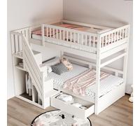 Sweiko Lit superposé en bois massif 90x200 cm, Avec barrière de sécurité haute, Avec sommier à lattes, Échelle de sécurité avec espace de rangement, Avec tiroirs de rangement, Lit d'enfant Lit d'adole