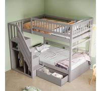 Sweiko Lit superposé en bois massif 90x200 cm, Avec barrière de sécurité haute, Avec sommier à lattes, Échelle de sécurité avec espace de rangement, Avec tiroirs de rangement, Lit d'enfant Lit d'adole