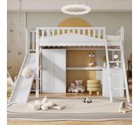 Sweiko Lit superposé, lit d'enfant, avec barrière anti-chute, avec table et armoire, Beaucoup d'espace de rangement, Avec échelle à quatre marches, Pin+MDF+Plissière, Blanc, 90x200cm