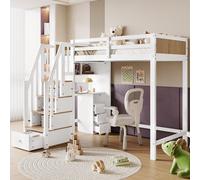 Sweiko Lit superposé, Lit d'enfant, Avec barrière de sécurité de couleur contrastée, Bureau avec 3 tiroirs, Étagère à 4 niveaux, Étagère ouverte, Pin+MDF, Blanc+Naturel, 90x200cm