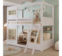 Sweiko Lit superposé, Lit d'enfant, Avec belle fenêtre, Marchepied stable, Avec clôture à quatre côtés, Pin + MDF + contreplaqué, Blanc+Nature, 90x200cm