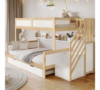Sweiko Lit superposé, lit d'enfant, avec protection contre les chutes et barrière, Conçu avec trois positions de lit, avec lit à roulettes, avec armoire, escalier d'angle, pin+MDF, blanc+naturel, 90x2