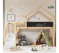Sweiko Lit superposé, Lit d'enfant avec protection contre les chutes et barrières, Design unique du toit, Tableau à peindre, Avec 3 casiers dans l'escalier, Pin+MDF+Plissière, Blanc+Naturel, 90x200cm