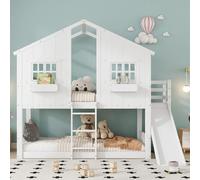 Sweiko Lit superposé, Lit d'enfant, Avec toboggan, Avec toit et fenêtre, Avec barrière anti-chute, Avec échelle à trois niveaux, Pin+MDF, Blanc, 90x200cm