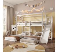 Sweiko Lit superposé, Lit d'enfant, Construction stable du cadre de lit, avec toboggan, Design unique du toit, Design avec trois places de couchage, Espace de rangement dans le lit supérieur, Pin+MDF,