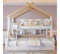 Sweiko Lit superposé, Lit d'enfant, Deux tiroirs avec roulettes, Glissière décorative exquise et design du toit, Escalier incliné à quatre étages, Pin + MDF , Blanc+Naturel, 90x200cm&120x200cm