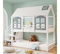 Sweiko Lit superposé, lit d'enfant, lit d'enfant avec toit et fenêtre, avec barrière anti-chute, avec 3 casiers dans l'escalier, Beaucoup d'espace de rangement, Pin+MDF, Blanc+Gris, 90x200cm
