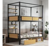 Sweiko Lit superposé, Lit en fer, Fer + MDF, Double étagère sur le côté du lit, Espace de rangement sous le lit, Le rideau de lit peut être fixé au lit supérieur, Noir + Nature, 90x200cm