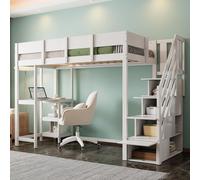 Sweiko Lit superposé multifonctionnel avec espace de rangement Lit surélevé avec rangement 90 x 200 cm, cadre de lit en pin massif avec sommier à lattes,Lit pour enfants et adolescents blanc