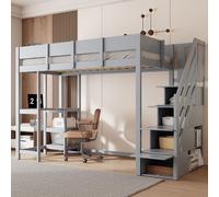 Sweiko Lit superposé multifonctionnel avec espace de rangement Lit surélevé avec rangement 90 x 200 cm, cadre de lit en pin massif avec sommier à lattes,Lit pour enfants et adolescents Gris