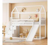 Sweiko Lit superposé pour enfants 90x200 cm, lit surélevé, avec toboggan et échelle de rangement, construction de clôture haute, cadre de lit en bois massif, sommier à lattes,blanc