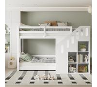 Sweiko Lit superposé pour enfants, lit double, lit d'enfant multifonctionnel, avec escalier et casiers, rampe stable, sans matelas, 90x200cm, blanc