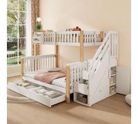 Sweiko Lit superposé pour enfants, lit double, lit d'enfant multifonctionnel avec panier de rangement, avec tiroir, avec armoire d'escalier, avec armoire de rangement, sans matelas, blanc + naturel