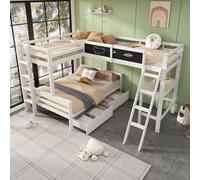 Sweiko Lit superposé pour enfants ,Trois enfants peuvent dormir dans le lit d'enfant, A des tiroirs de rangement,en bois de pin, lit superposé, lit d'enfant avec bureau et étagère, 140x200cm,90x200cm,