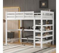 Sweiko Lit surélevé, 140 x 200 ,Lit surélevé pour enfants avec compartiments de rangement et bureau sous le lit, sans matelas, blanc