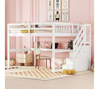 Sweiko Lit surélevé ,140x 200 ,Lit surélevé pour enfants, avec tiroirs de rangement et bureau sous le lit, blanc