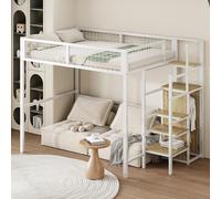 Sweiko Lit surélevé 140x200 avec échelle, lit d'enfant avec cadre en fer et étagère de rangement, armoire blanche (