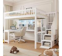 Sweiko Lit surélevé, 140x200cm , Avec lampes LED, échelle de rangement, étagères, casiers de rangement, bureau, sans matelas,Blanc