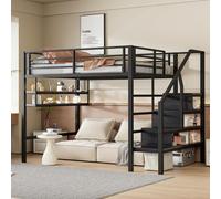 Sweiko lit surélevé, 140x200cm , étagères, échelle de rangement, espace libre sous le lit pour l'habillage, balustrade, sans matelas, noir