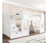 Sweiko Lit surélevé 90 x 200 cm avec escalier de rangement et fenêtre, blanc