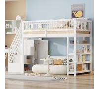 Sweiko Lit surélevé 90 x 200, design de sécurité de clôture haute avec armoire, étagères et espace de rangement avec échelle d'escalade de sécurité, lit multifonctionnel, lit en bois massif, blanc