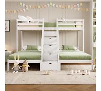 Sweiko lit surélevé, 90 x 200cm, 3 lits, bois de pin, échelle escamotable avec tiroirs, garde-corps, EN 747, sans matelas, blanc