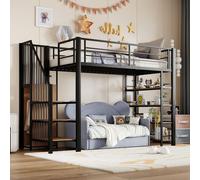 Sweiko Lit surélevé 90x200, avec escalier de sécurité, espace de rangement et petite armoire, étagères, design de clôture haute, lit simple, lit pour adolescents, noir (