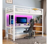 Sweiko Lit surélevé 90x200 cm,table avec USB et prise de courant,lumière d'ambiance,sans matelas, métal, blanc