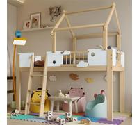 Sweiko Lit surélevé 90x200cm , Lit d'enfant avec protection contre les chutes et barrières, Design unique du toit, Avec échelle inclinée à trois niveaux, Blanc+Nature,