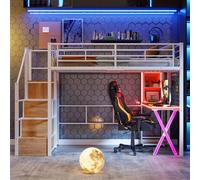 Sweiko Lit surélevé 90x200cm , lumière d'ambiance, échelle de rangement, bureau, armoire, étagères, sans matelas, blanc